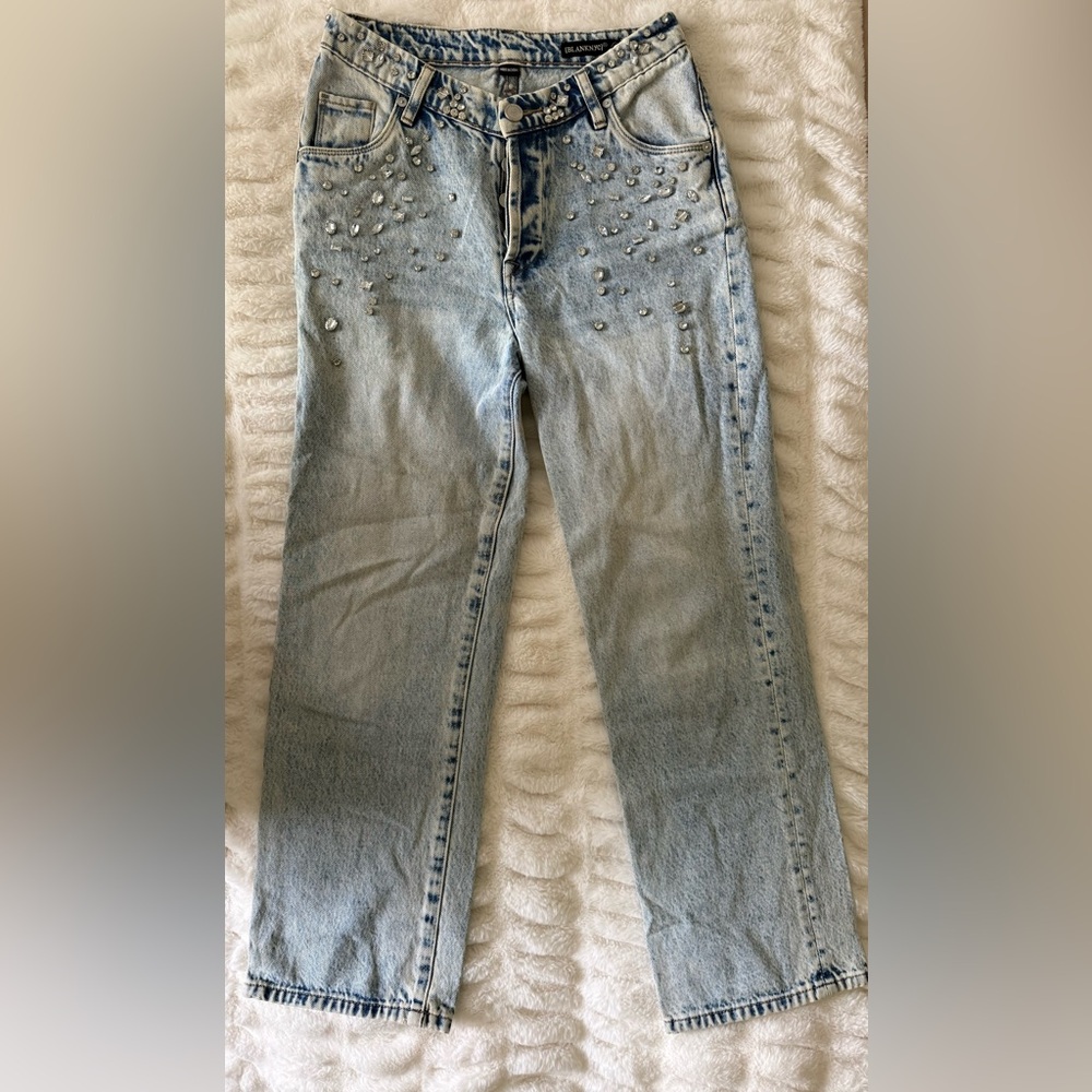 Blank NYC Light Blue Straight Leg Jeans with Embellishments